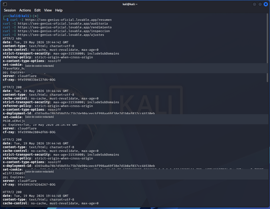 Primer bloque de respuestas HTTP para rutas internas. Los valores de cookie fueron redactados. Para una página SEO hecha con Vibe Coding con Inteligencia Artificial