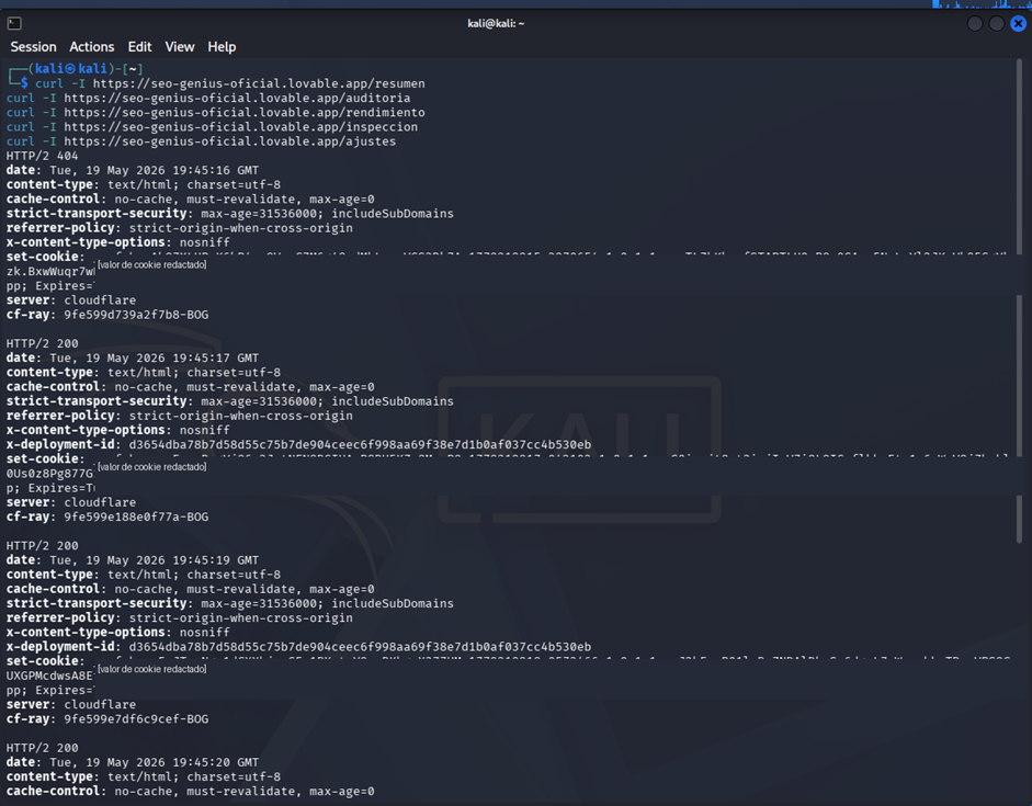 Continuación de respuestas HTTP para rutas internas consultadas con curl. Para una página SEO hecha con Vibe Coding con Inteligencia Artificial