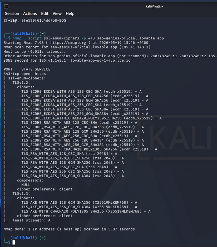 Enumeración de cifrados TLS mediante Nmap. Para una página SEO hecha con Vibe Coding con Inteligencia Artificial