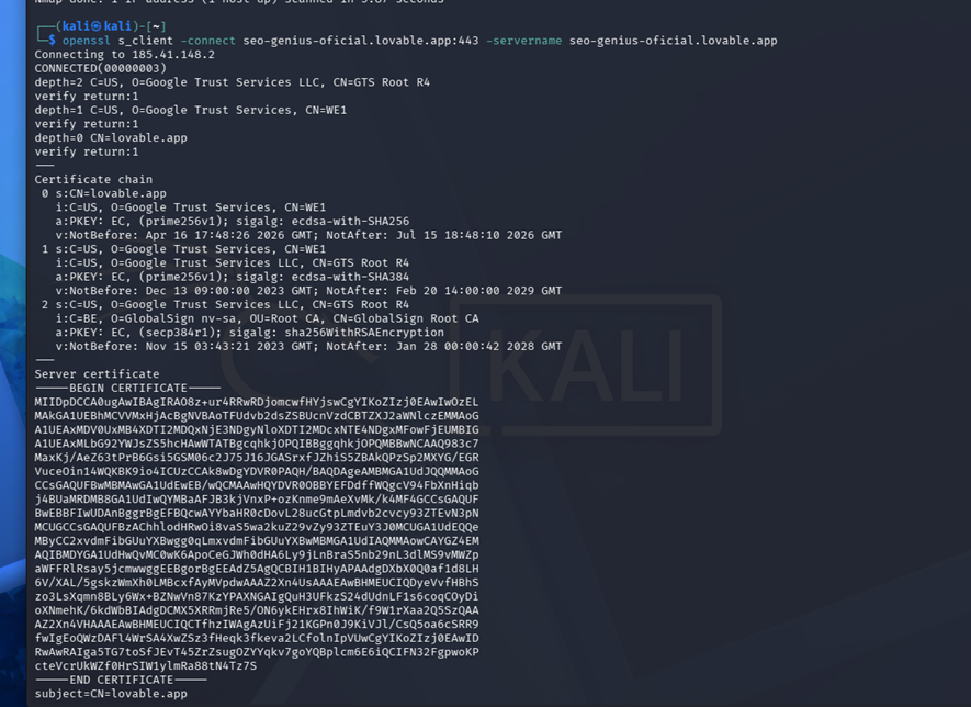 Consulta del certificado SSL/TLS mediante OpenSSL. Para una página SEO hecha con Vibe Coding con Inteligencia Artificial