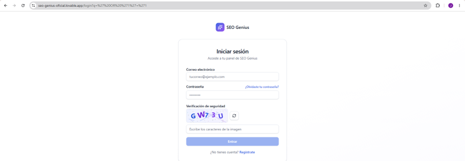 Payload de inyección incluido como parámetro en la URL de login. Para una página SEO hecha con Vibe Coding con Inteligencia Artificial