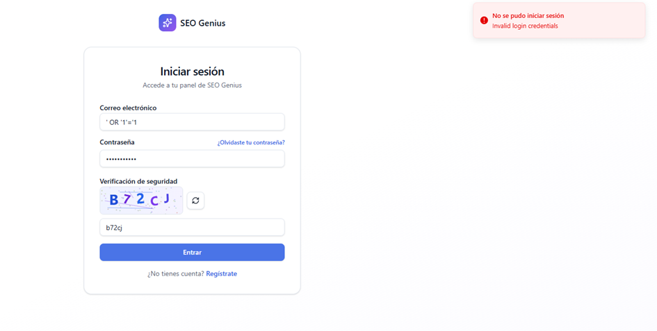 Intento de autenticación con payload SQL básico y respuesta de credenciales inválidas. Para una página SEO hecha con Vibe Coding con Inteligencia Artificial