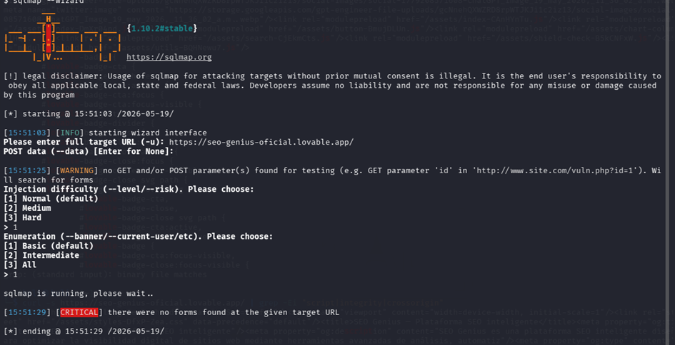 SQLMap no encontró formularios ni parámetros en la URL raíz evaluada. Para una página SEO hecha con Vibe Coding con Inteligencia Artificial