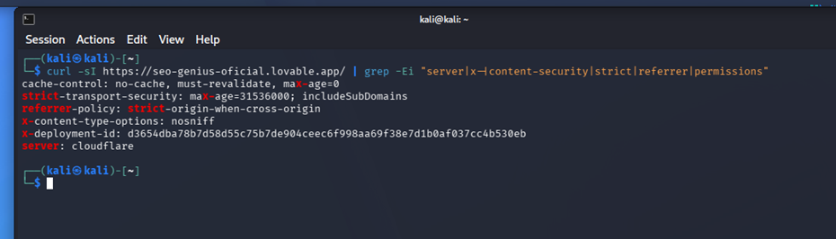 Cabeceras de seguridad visibles en la respuesta HTTP. Para una página SEO hecha con Vibe Coding con Inteligencia Artificial