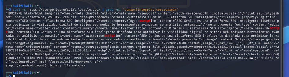 Búsqueda de scripts, integrity y crossorigin en el HTML. Para una página SEO hecha con Vibe Coding con Inteligencia Artificial