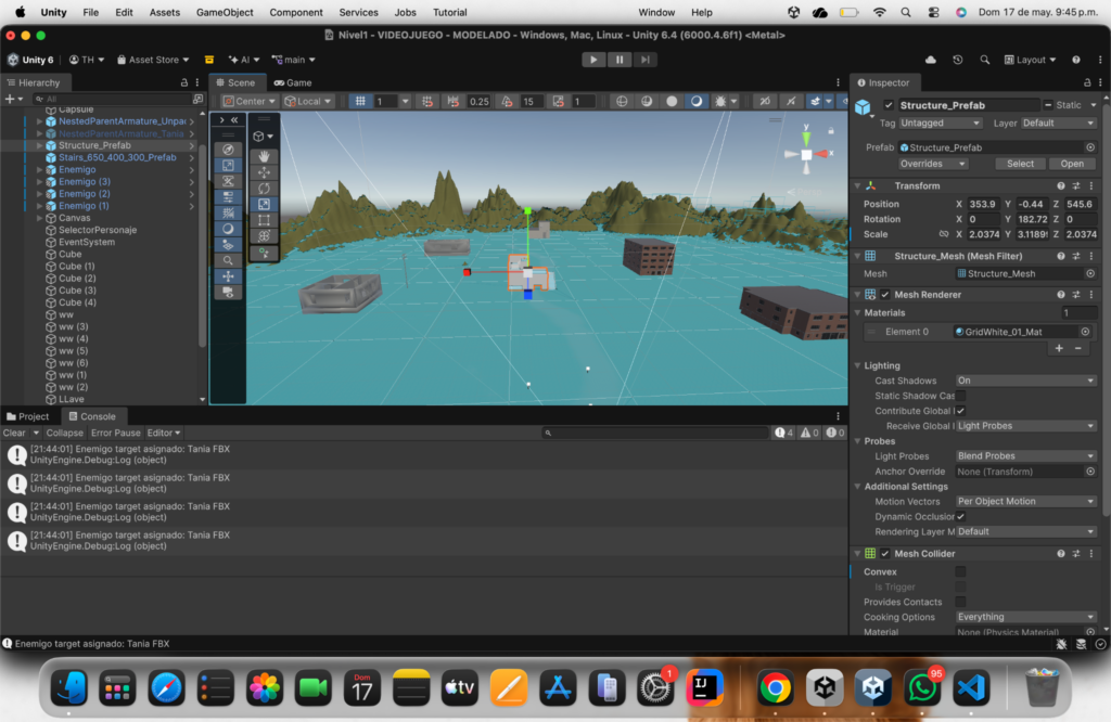 Diseño de escenarios y ajuste de colisiones estructurales para el videojuego 3D.