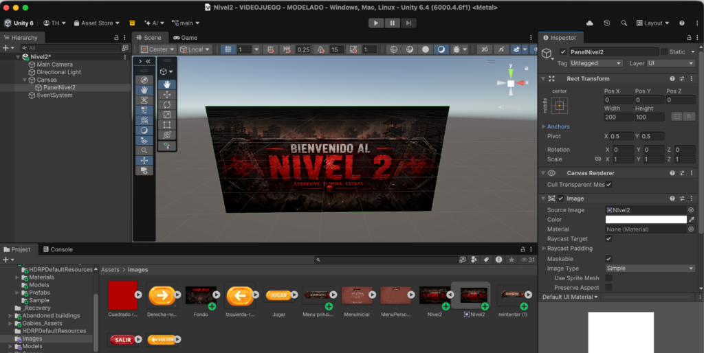 Configuración de las escenas del proyecto y niveles en los Build Settings.