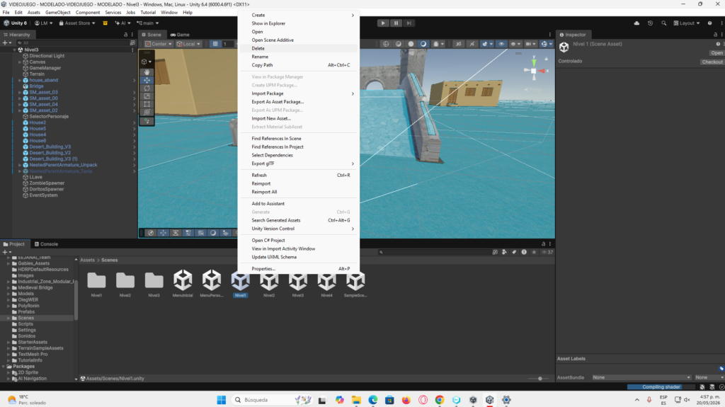 Configuración de las escenas del proyecto y niveles en los Build Settings.