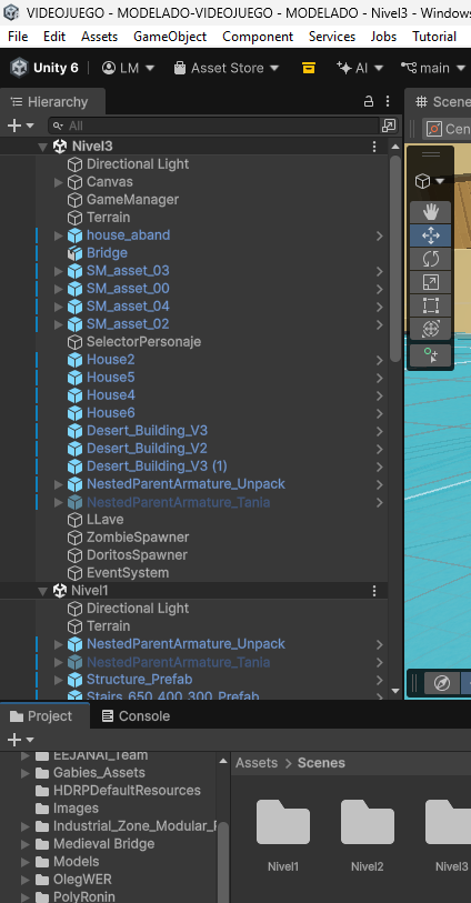 Configuración de las escenas del proyecto y niveles en los Build Settings.