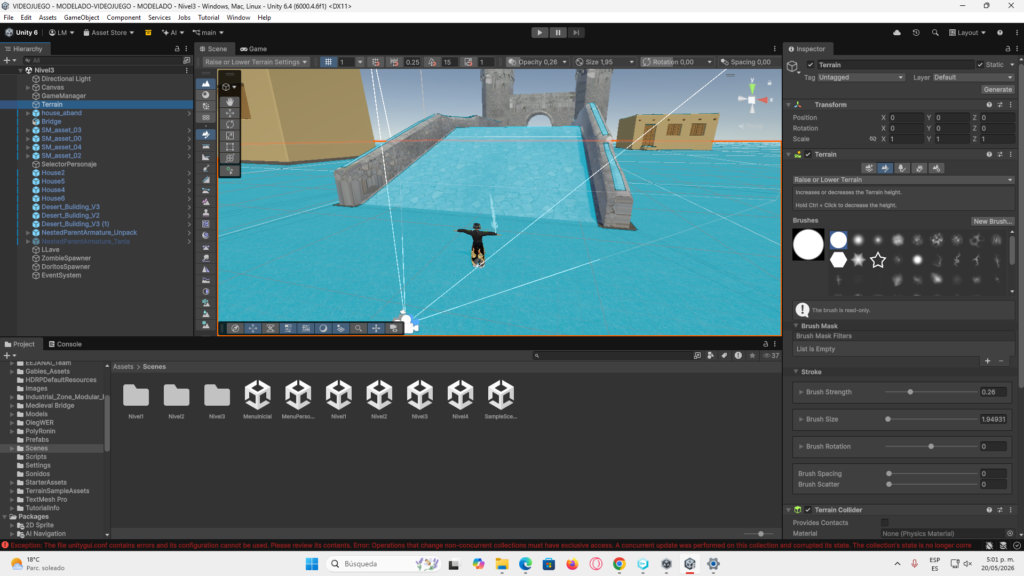 Configuración de las escenas del proyecto y niveles en los Build Settings.