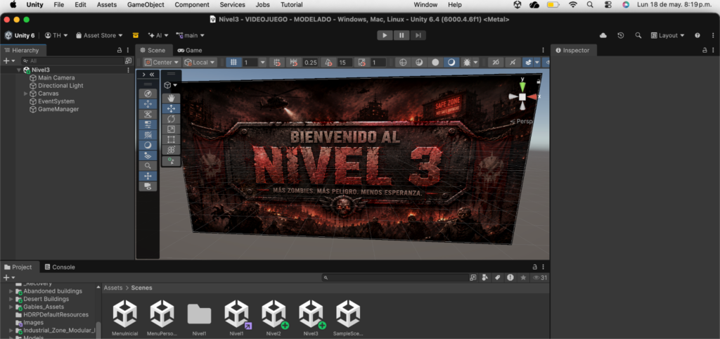 Configuración de las escenas del proyecto y niveles en los Build Settings.