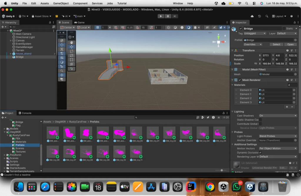 Configuración de las escenas del proyecto y niveles en los Build Settings.