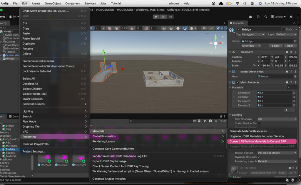 Configuración de las escenas del proyecto y niveles en los Build Settings.