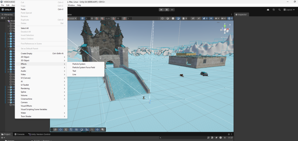 Captura de Unity mostrando la creación del sistema de partículas de nieve para el escenario del videojuego 3D.