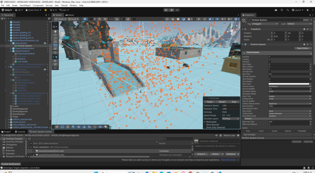 Configuración del Particle System en el Inspector con parámetros de velocidad, tamaño y emisión de nieve en Unity.