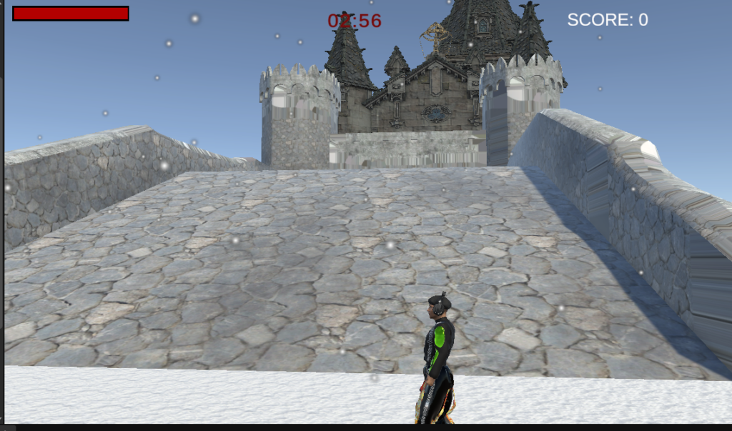 Resultado final del efecto de nieve cubriendo el mapa del nivel nevado dentro del videojuego 3D.