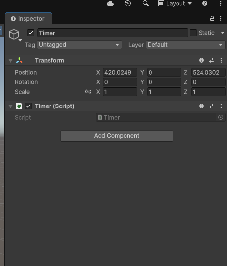 Objeto GameManager en el Hierarchy con el componente del sistema de tiempo agregado desde el Inspector.