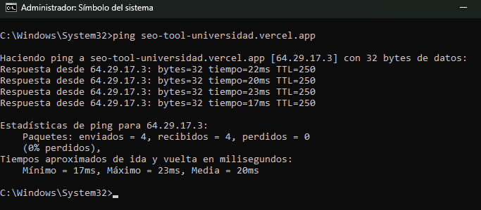 Comando Ping a la pagina
