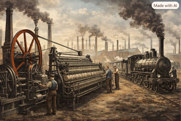 En la imagen se logra ver varias maquinas hechas en la primera revolución industrial como el tren de vapor.