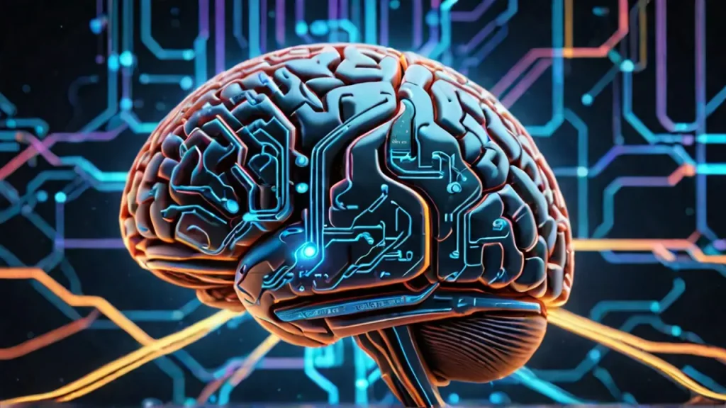 Cerebro que esta lleno de circuitos informáticos, haciendo referencia a la IA