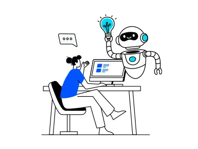 Robot respondiendo a través de un computador a una chica.