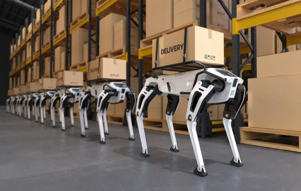 Almacén de Robots manejados por IA encargados de la paquetería. Revolución Industrial 4.0