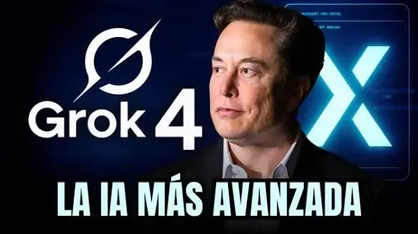Elon Musk con el logo de Grok 4