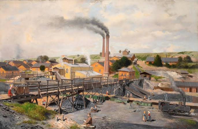 Las cuatro revoluciones: de la maquina de vapor hasta la ia una demostracion grafica de una fabrica en la primera revolución industrial