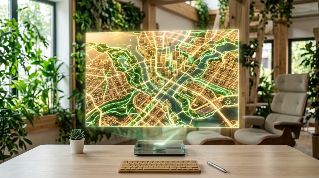 Sensory Impact Score y Holograma tridimensional de mapa urbano destacando zonas verdes y tranquilas mediante tecnología solarpunk.