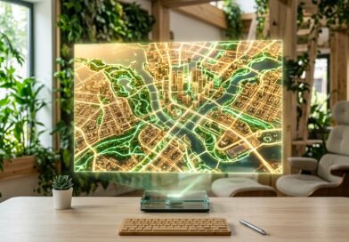 El algoritmo contra el “Sobreturismo”: Cómo la métrica SIS (Sensory Impact Score) está reescribiendo las reglas del TravelTech Sensory Impact Score y Holograma tridimensional de mapa urbano destacando zonas verdes y tranquilas mediante tecnología solarpunk.