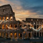 Visualización de Travel Tech y acústica sensorial frente al Coliseo de Roma