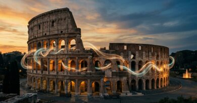 Visualización de Travel Tech y acústica sensorial frente al Coliseo de Roma