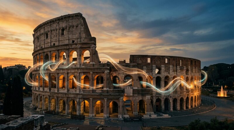 Visualización de Travel Tech y acústica sensorial frente al Coliseo de Roma
