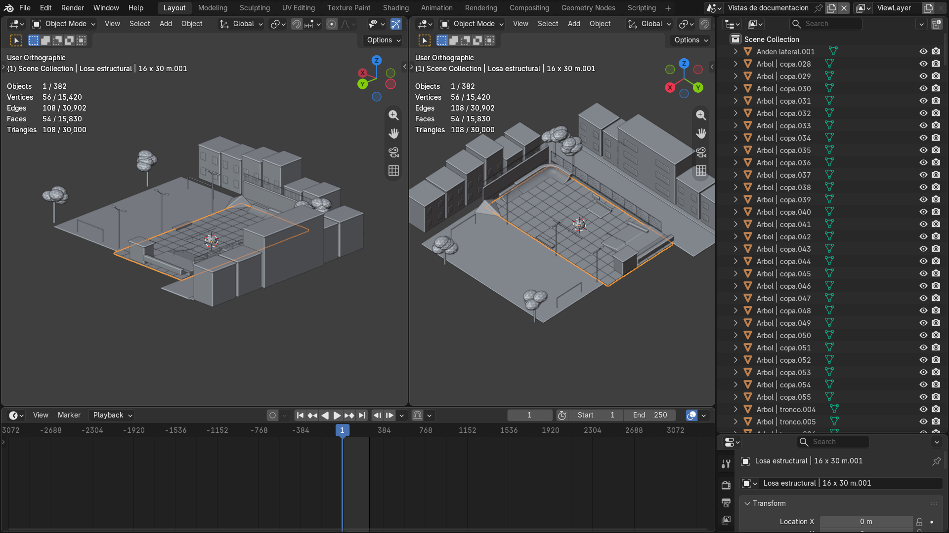 Escenario de la cinemática en Blender: pista, obstáculos y entorno.