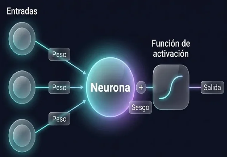 Esquema de una neurona artificial con sus entradas, pesos, función de activación y salida.