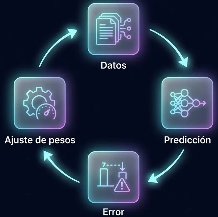 Diagrama circular que muestra las etapas del entrenamiento de una red neuronal: datos de entrada, predicción, cálculo del error y ajuste de pesos.