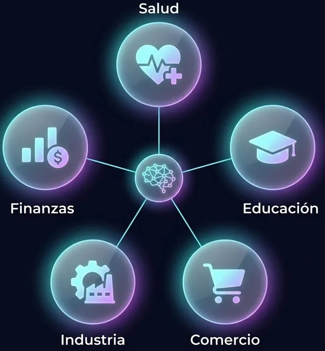 Infografía con los sectores donde se usan las redes neuronales artificiales, como salud, finanzas, transporte y educación.