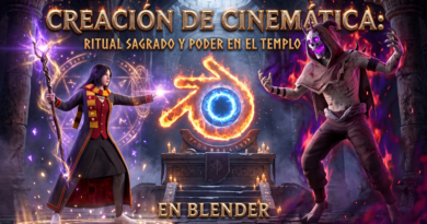 Una cinemática de fantasía oscura realizada en Blender donde una hechicera y una criatura ancestral se enfrentan en un ritual místico dentro de un templo antiguo, iluminados por el poder