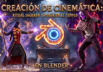 Creación de cinemática: ritual sagrado y poder en el templo en Blender Una cinemática de fantasía oscura realizada en Blender donde una hechicera y una criatura ancestral se enfrentan en un ritual místico dentro de un templo antiguo, iluminados por el poder
