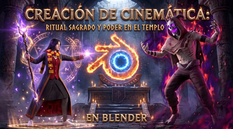 Una cinemática de fantasía oscura realizada en Blender donde una hechicera y una criatura ancestral se enfrentan en un ritual místico dentro de un templo antiguo, iluminados por el poder