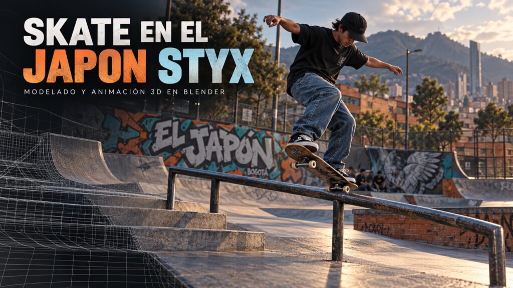 Skate en el Japon Styx: portada de la cinemática en Blender con un patinador, una baranda y mallas del escenario.