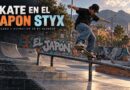 Skate en el Japon Styx: portada de la cinemática en Blender con un patinador, una baranda y mallas del escenario.