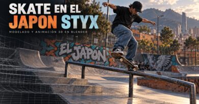 Skate en el Japon Styx: portada de la cinemática en Blender con un patinador, una baranda y mallas del escenario.