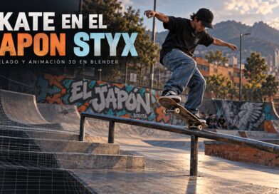 Skate en el Japon Styx: así creé una cinemática en Blender Skate en el Japon Styx: portada de la cinemática en Blender con un patinador, una baranda y mallas del escenario.
