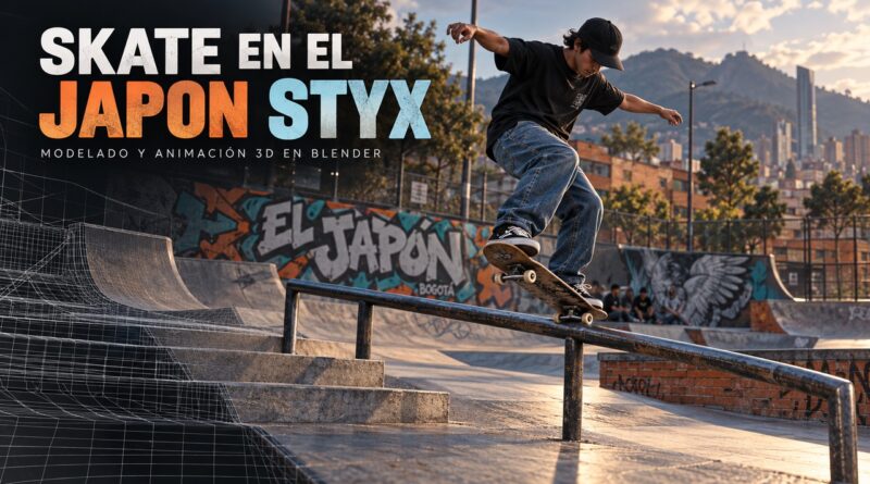 Skate en el Japon Styx: así creé una cinemática en Blender Skate en el Japon Styx: portada de la cinemática en Blender con un patinador, una baranda y mallas del escenario.