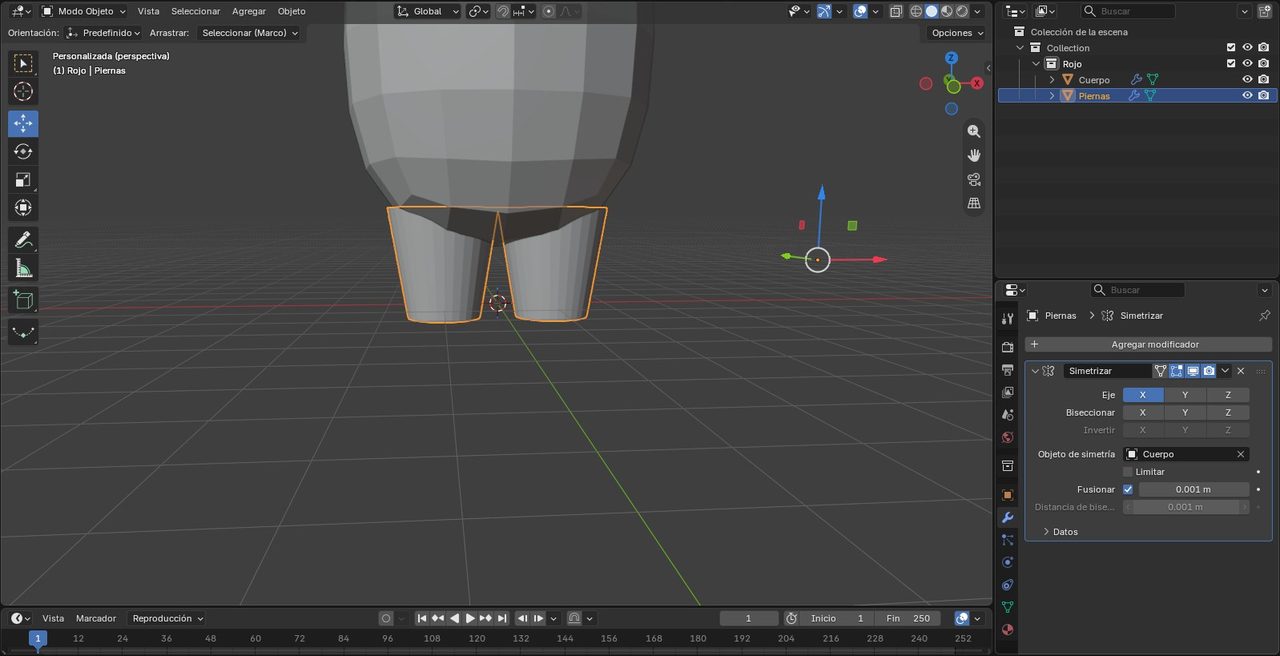 Piernas del tripulante de Among Us con modificador de espejo en Blender