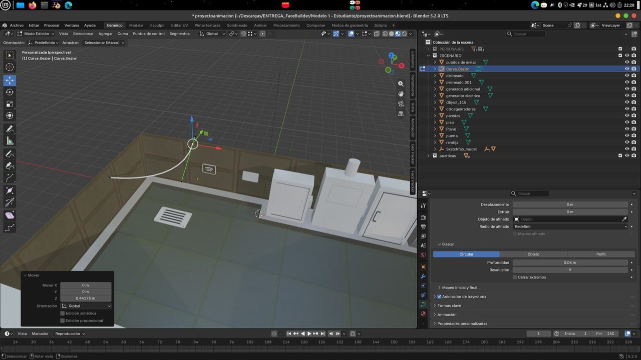 Cable hecho con curva Bézier en el escenario de Among Us en Blender