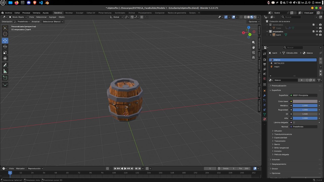 Barril con textura de madera y aros metálicos en Blender
