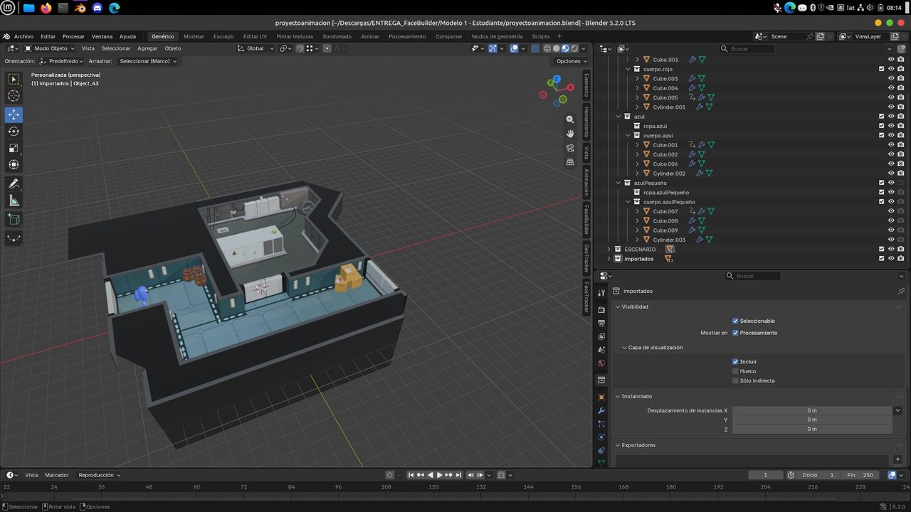 Escenario de Among Us en Blender con los modelos FBX importados