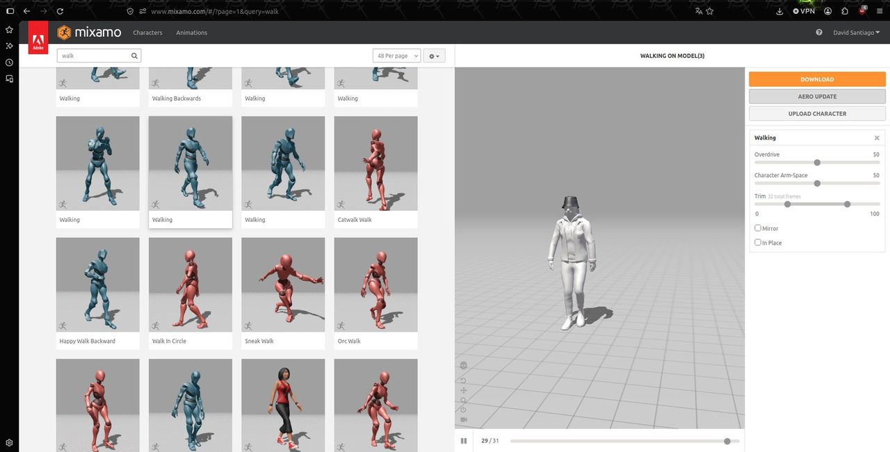Descarga de animaciones en Mixamo para usar en Blender